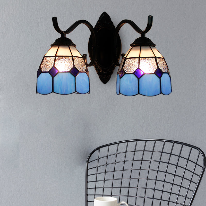 Retro Tiffany Stained Glass Wall Lamp - 2-Head Bedroom Mount Light In Blue/Orange