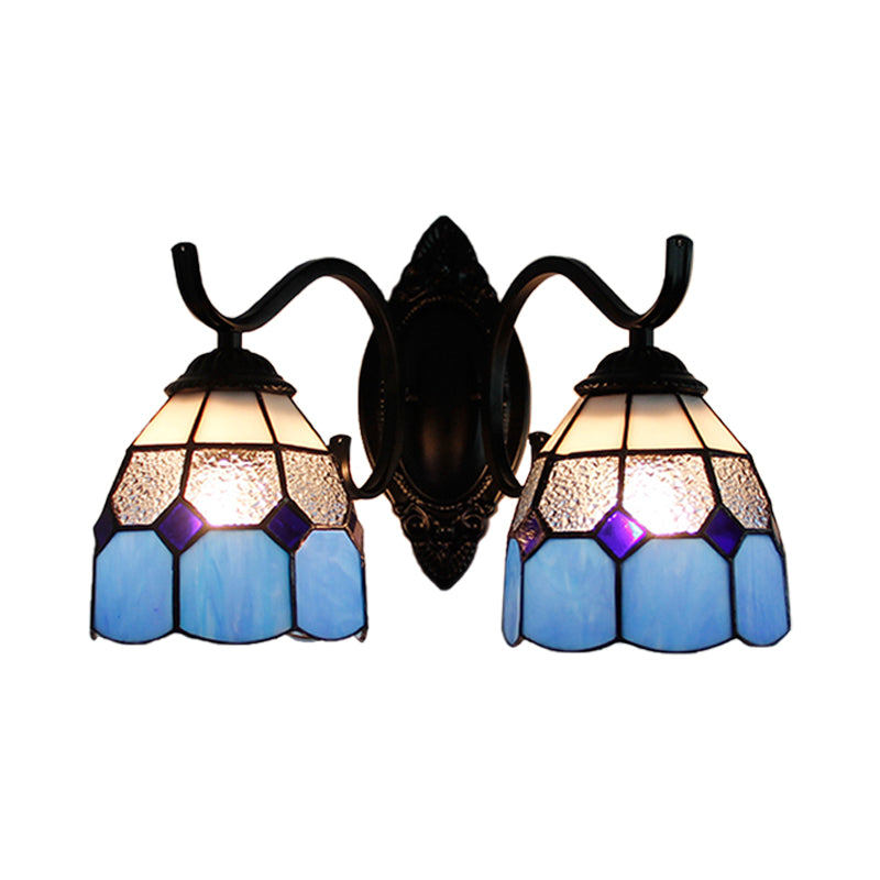 Retro Tiffany Stained Glass Wall Lamp - 2-Head Bedroom Mount Light In Blue/Orange