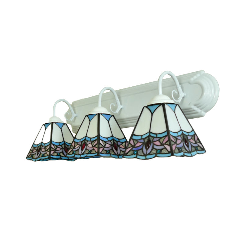 Blue Stained Glass Pyramid Sconce Light - Wall Mounted 3-Head Fixture For Living Room