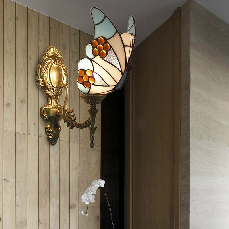 Lodge-Style Blue Butterfly Wall Sconce: Stained Glass Kitchen Lighting