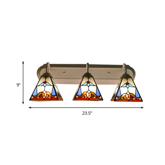 White Stained Glass Sconce Lighting - Tiffany Pyramid 3-Head Wall Fixture