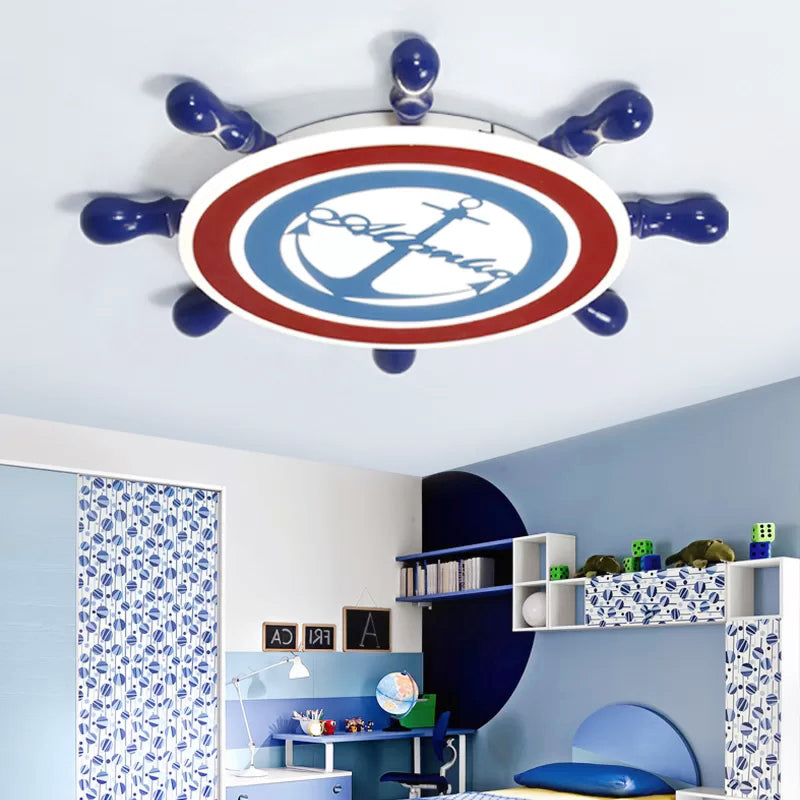 Blue Nautical Rudder Ceiling Light for Kids Bedroom with Anchor Acrylic Flush Design