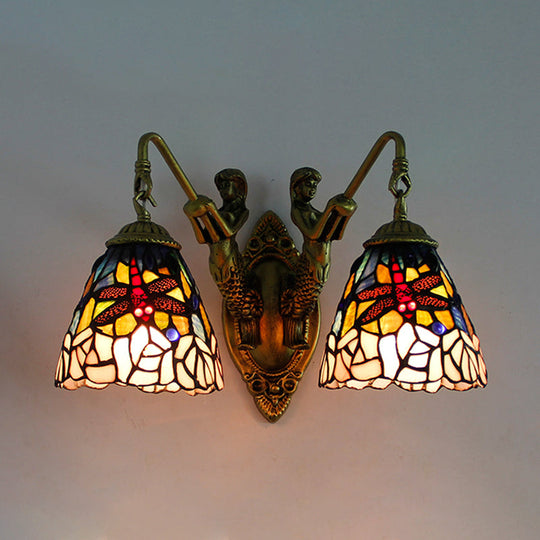 Dragonfly Wall Mounted Light: 2 Head Baroque Brass Multicolor Stained Glass Sconce