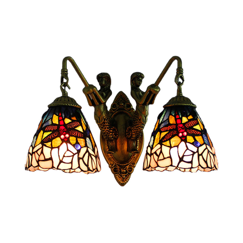 Dragonfly Wall Mounted Light: 2 Head Baroque Brass Multicolor Stained Glass Sconce