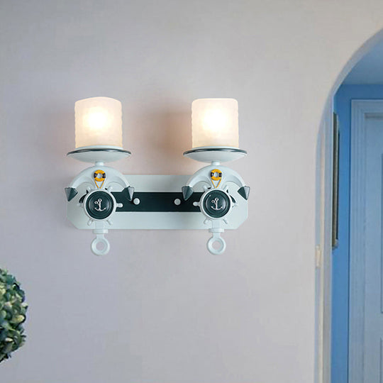 Blue Antique Style Milk Glass Cylinder Wall Light With Anchor Deco Sconce For Front Door