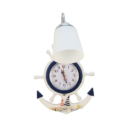 White Glass Bell Sconce Light With Anchor Clock - Mediterranean Wall Lamp For Hotels