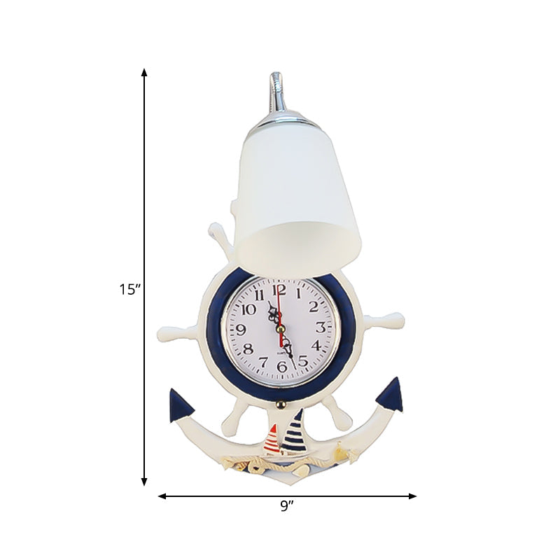 White Glass Bell Sconce Light With Anchor Clock - Mediterranean Wall Lamp For Hotels