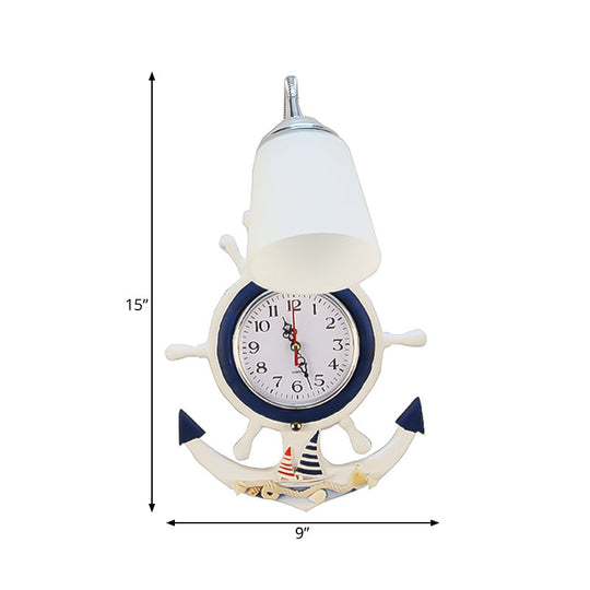 White Glass Bell Sconce Light With Anchor Clock - Mediterranean Wall Lamp For Hotels