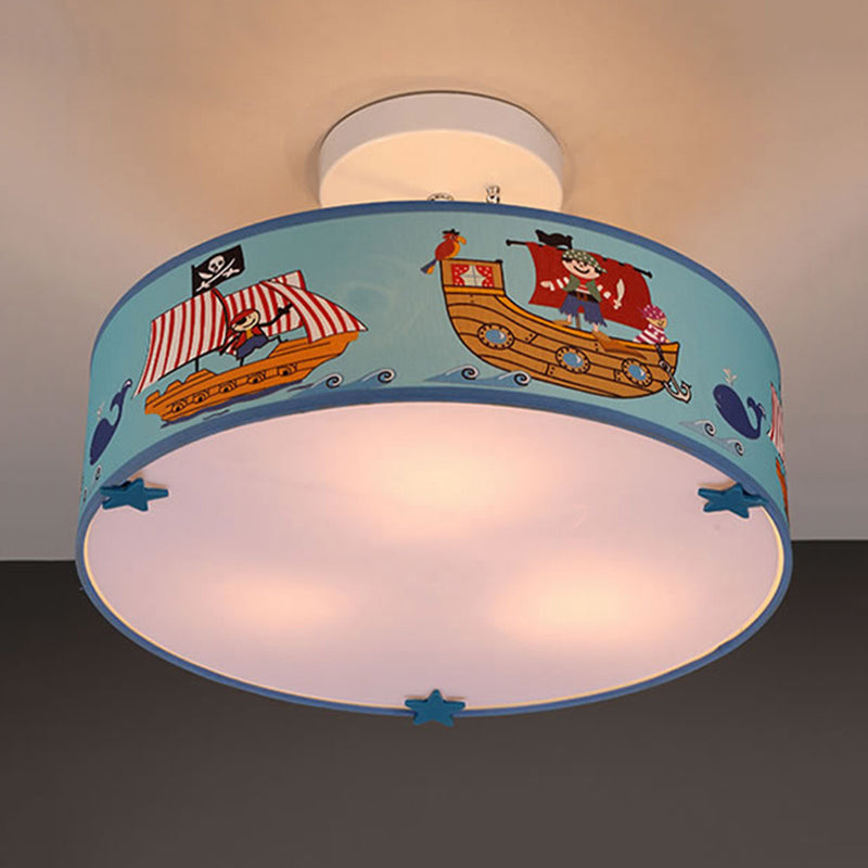 Blue Ship Drum Ceiling Light With 3 Acrylic Lights For Kindergarten