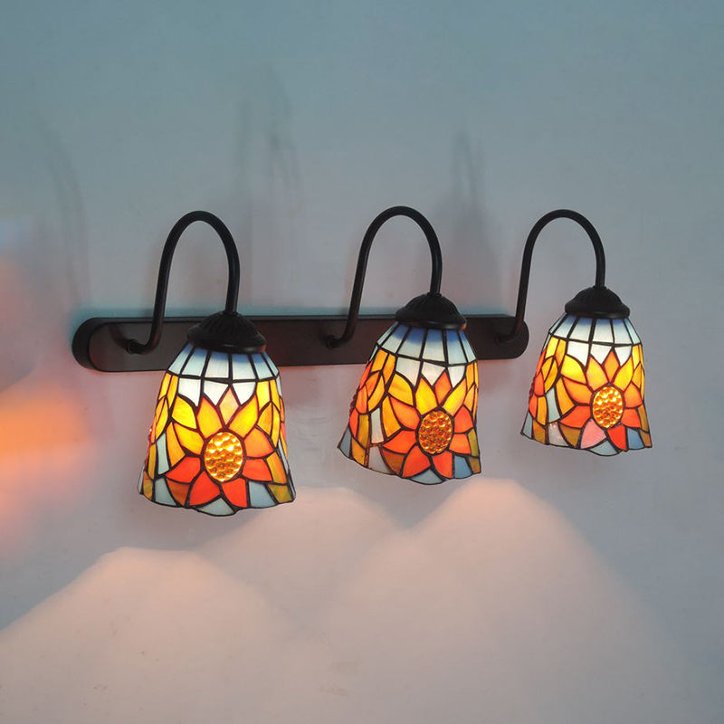 Tiffany Glass Bell Wall Sconce With 3 Sunflower Patterned Heads Orange Red