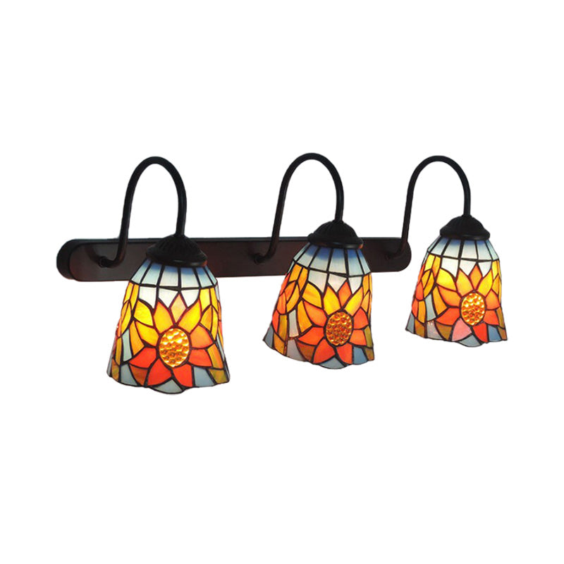 Tiffany Glass Bell Wall Sconce With 3 Sunflower Patterned Heads