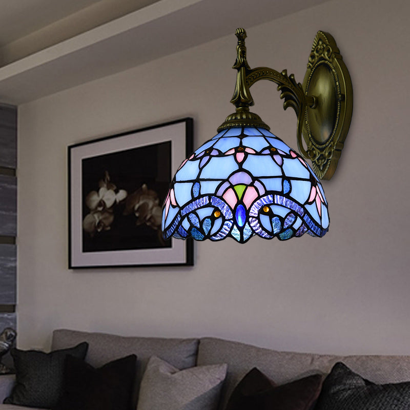 Blue Stained Glass Victorian Wall Sconce With Bowl Shade: Elegant Living Room Lighting