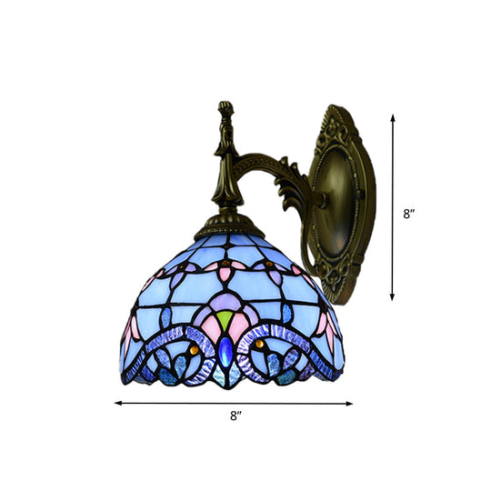 Blue Stained Glass Victorian Wall Sconce With Bowl Shade: Elegant Living Room Lighting