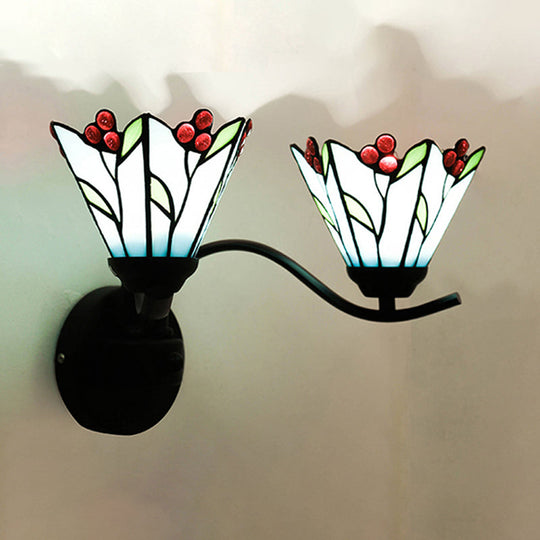 Tiffany Style Blue Glass Lily Sconce Light Fixture - 2 Head Black Wall Mounted Lamp For Corridor