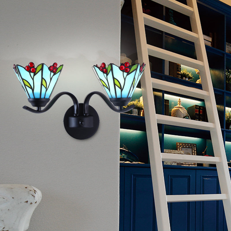 Tiffany Style Blue Glass Lily Sconce Light Fixture - 2 Head Black Wall Mounted Lamp For Corridor