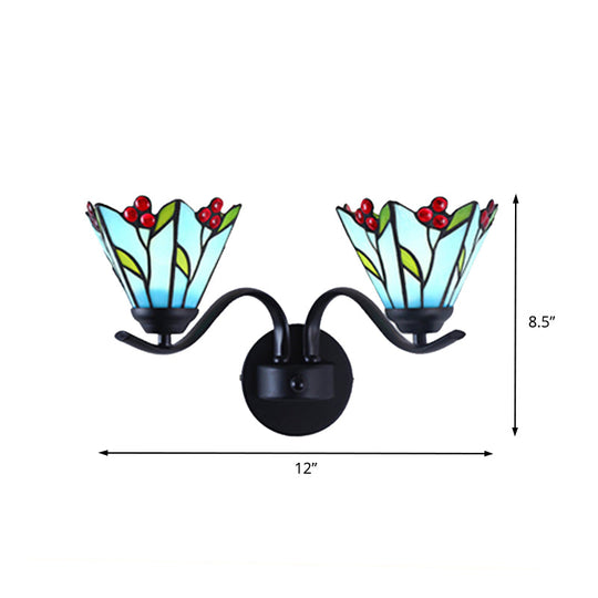 Tiffany Style Blue Glass Lily Sconce Light Fixture - 2 Head Black Wall Mounted Lamp For Corridor