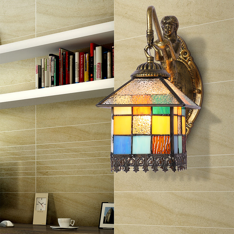 Tiffany Style Multicolor Stained Glass Wall Sconce Light - Brass House 1-Head Mount