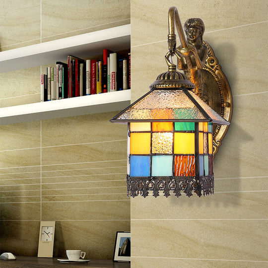 Tiffany Style Multicolor Stained Glass Wall Sconce Light - Brass House 1-Head Mount