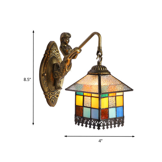 Tiffany Style Multicolor Stained Glass Wall Sconce Light - Brass House 1-Head Mount