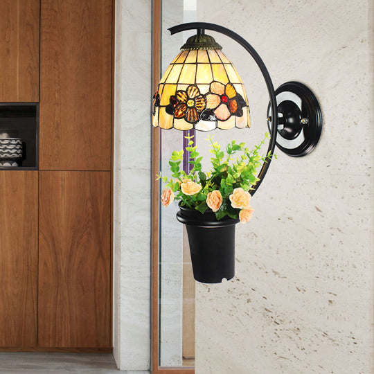 Flower-Trimmed Tiffany Wall Sconce With Beige Glass Dome And Black Mount