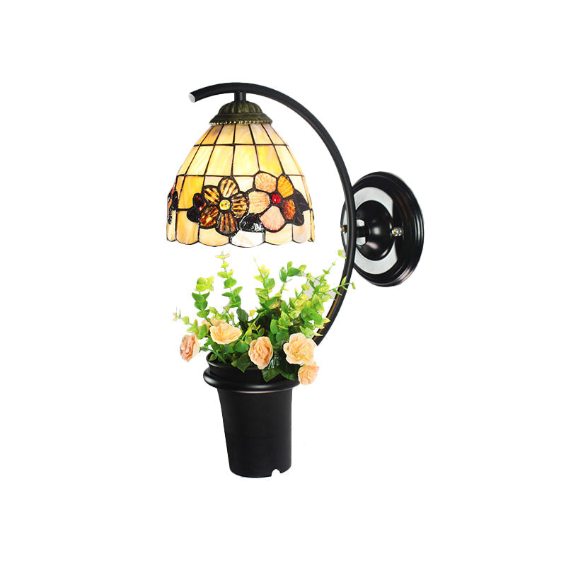 Flower-Trimmed Tiffany Wall Sconce With Beige Glass Dome And Black Mount