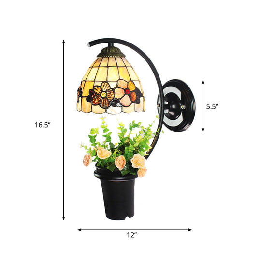 Flower-Trimmed Tiffany Wall Sconce With Beige Glass Dome And Black Mount