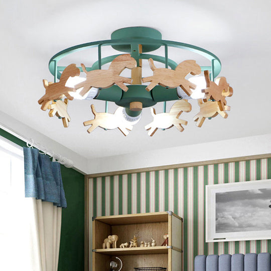 Green Macaron Merry-go-round Ceiling Light - Metal and Wood, 3 Lights - Semi Flush for Dining Room