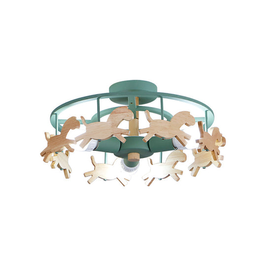 Green Macaron Merry-go-round Ceiling Light - Metal and Wood, 3 Lights - Semi Flush for Dining Room