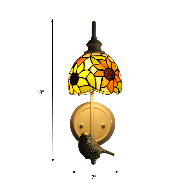 Tiffany Dome Stained Glass Wall Sconce With Square/Sunflower/Diamond Pattern - White