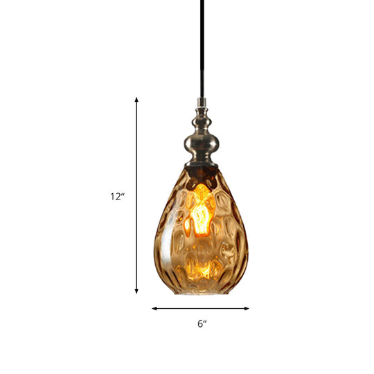 Contemporary Amber/Clear Dimple Glass Water Drop Pendant Lamp - 6/8 Wide 1 Head Bedside Hanging