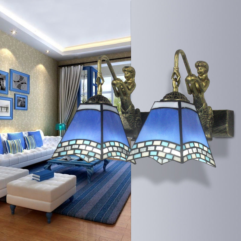 Mediterranean Blue Glass Wall Sconce Light With 2 Heads - Perfect For Bedroom Decor