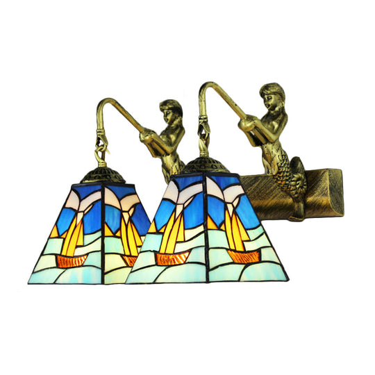 Mediterranean Blue Glass Sailboat Sconce Light - Antique Brass Wall Mounted Lighting With 2 Heads