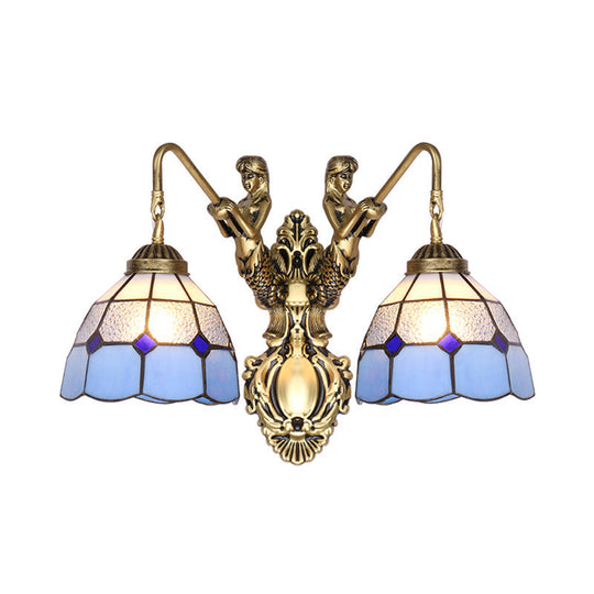 Mermaid Tiffany Wall Sconce - Blue Glass Brass Dome Light Fixture With 2 Heads