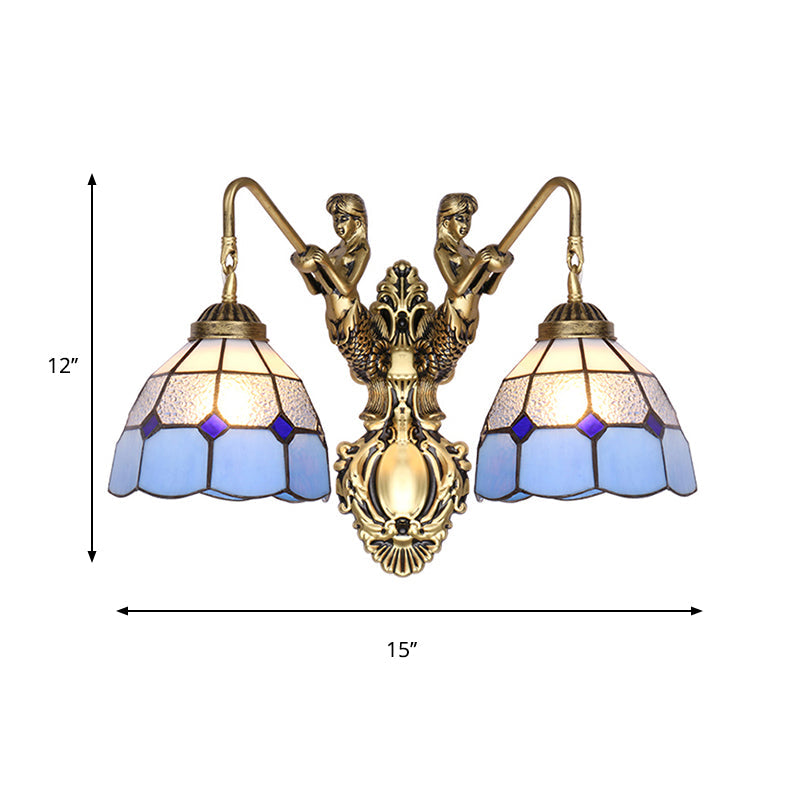 Mermaid Tiffany Wall Sconce - Blue Glass Brass Dome Light Fixture With 2 Heads