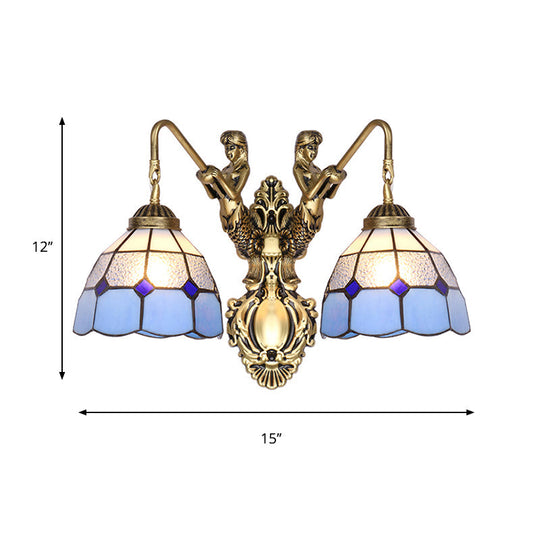 Mermaid Tiffany Wall Sconce - Blue Glass Brass Dome Light Fixture With 2 Heads