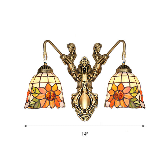 Tiffany Style Gold Flared Sconce Wall Mounted Light With Beige Glass And Sunflower Pattern - 2 Heads