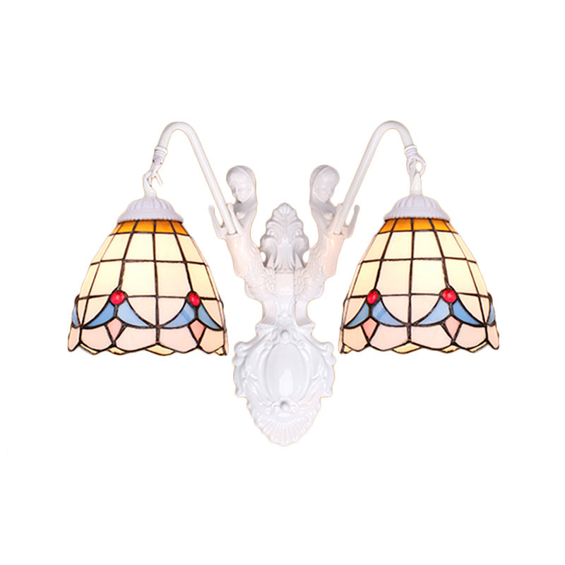 Tiffany 2-Head White Wall Sconce Light With Stained Glass And Mermaid Decoration