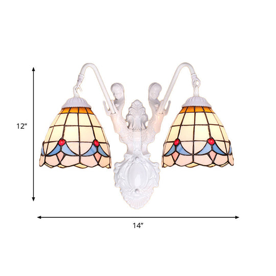 Tiffany 2-Head White Wall Sconce Light With Stained Glass And Mermaid Decoration