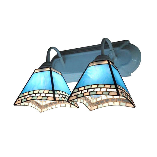 Nautical Blue Glass Pyramid Wall Lamp - 2 Heads Mount Light For Bathroom