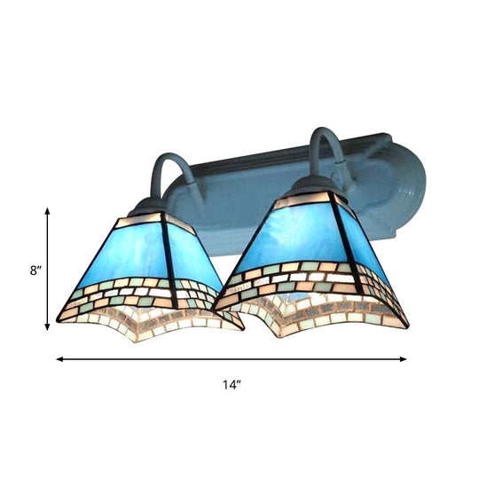 Nautical Blue Glass Pyramid Wall Lamp - 2 Heads Mount Light For Bathroom