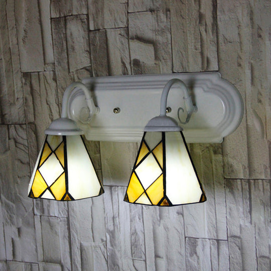 Stained Glass Wall Sconce With 2 Rustic Vintage Heads For Beige Bathroom Lighting