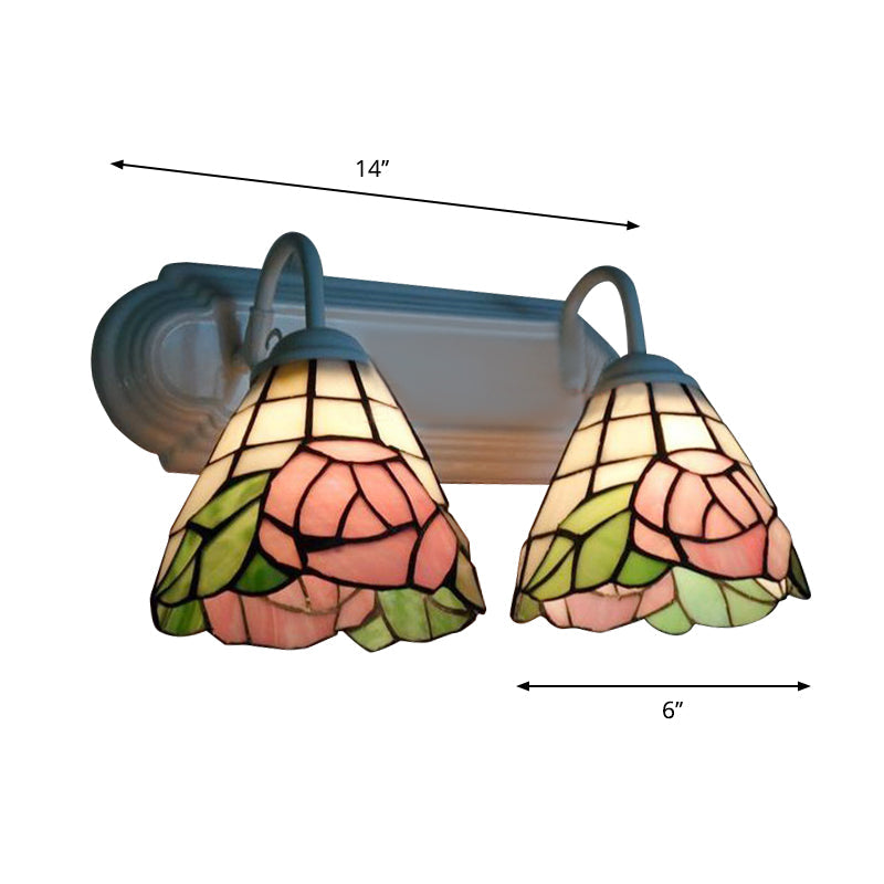 Victorian Pink Rose Wall Sconce Light With Stained Glass - 2 Heads Multicolor Lighting