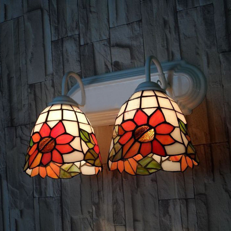 Sunflower Stained Glass Wall Light Fixture - Victorian Sconce 2-Head Orange Sun Design