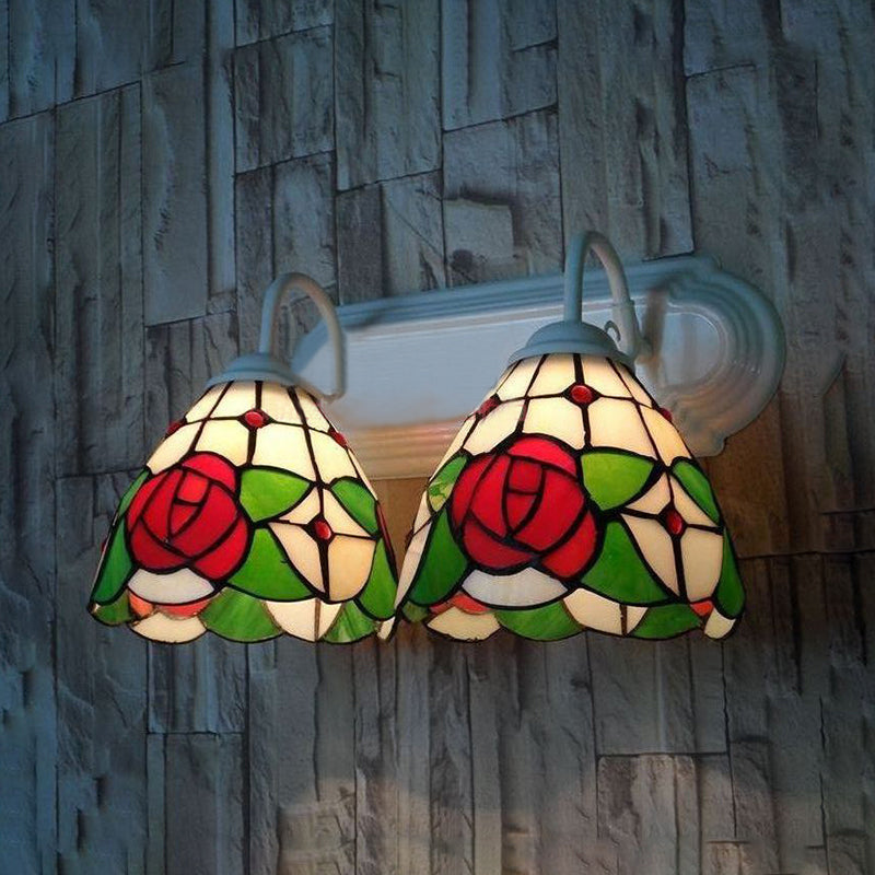 Victorian Stained Glass Rose Wall Sconce Light With 2 Red Heads