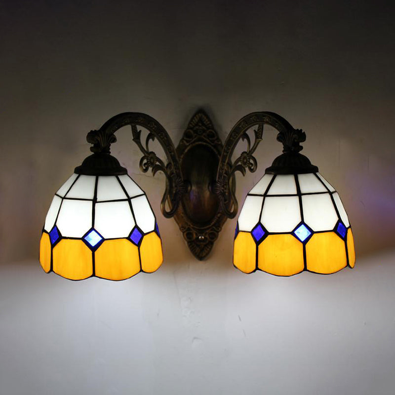 Vintage Yellow Curved Arm Wall Mount Light With Amber Glass Bowl Shades - 2 Heads