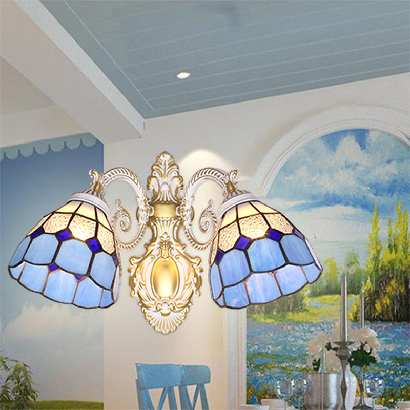 Modern Mediterranean Wall Sconce With Light Blue Glass Shade - 2 Head Mount For Restaurants