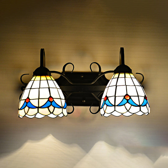 Rustic Retro Stained Glass Magnolia Wall Sconce Lamp With 2 Lights In Black - Ideal For Bathrooms