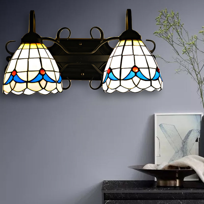 Rustic Retro Stained Glass Magnolia Wall Sconce Lamp With 2 Lights In Black - Ideal For Bathrooms