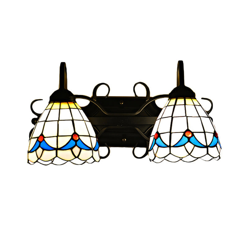 Rustic Retro Stained Glass Magnolia Wall Sconce Lamp With 2 Lights In Black - Ideal For Bathrooms