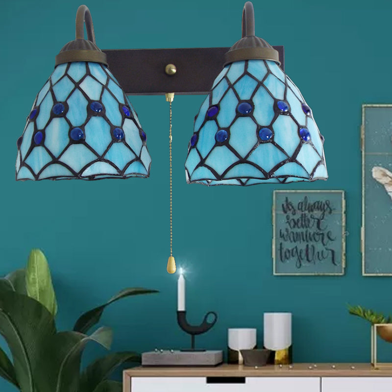 Sky Blue Glass Bowl Sconce Light Fixture - Mediterranean Style 1 Head Wall With Pull Chain